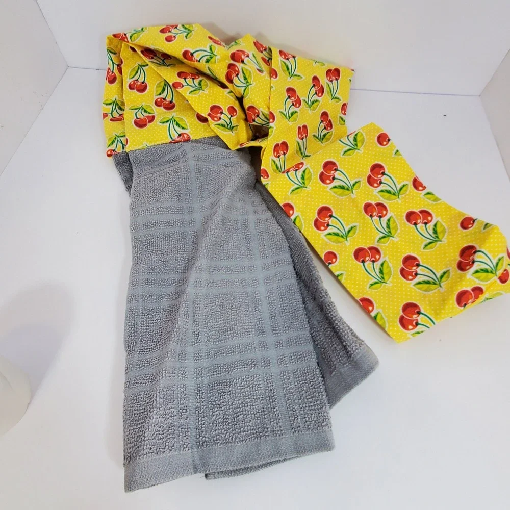 Handmade Kitchen Boa Scarf Towel Yellow Cherry Print Grey Waffle Weave 92 Inch